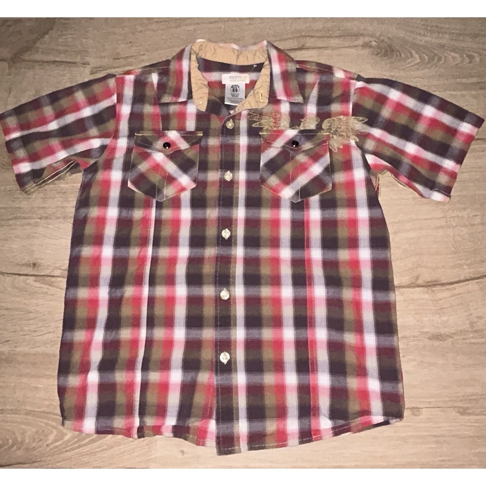 Boys Route 66 Plaid Button-Up Short Sleeve Shirt Top (Size: L 10/12)